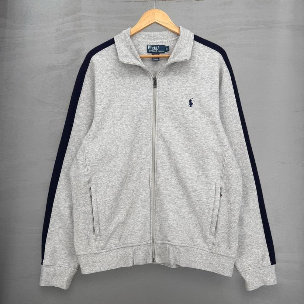 Vintage Polo Ralph Lauren Track Jacket Gray Navy Side Stripe Full Zip XL